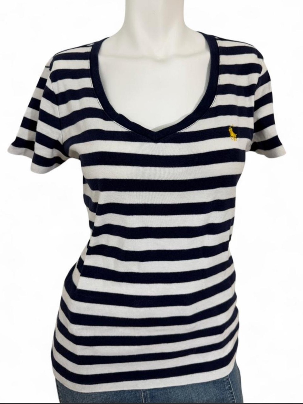 Ralph Lauren Sport Navy + White Striped V neck tee classic fitted silhouette